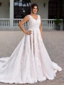 A-line V-neck Appliques Lace Cathedral Train Tulle Plus Size Wedding Dress