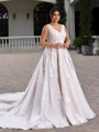 A-line V-neck Appliques Lace Cathedral Train Tulle Plus Size Wedding Dress