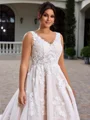 A-line V-neck Appliques Lace Cathedral Train Tulle Plus Size Wedding Dress