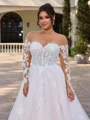 A-line Scoop Long Sleeves Appliques Lace Court Train Tulle Corset Plus Size Wedding Dress