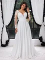 A-line V-neck Long Sleeves Appliques Lace Court Train Chiffon Corset Plus Size Wedding Dress
