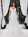 A-line V-neck Long Sleeves Appliques Lace Court Train Chiffon Corset Plus Size Wedding Dress