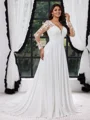 A-line V-neck Long Sleeves Appliques Lace Court Train Chiffon Corset Plus Size Wedding Dress