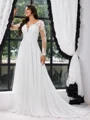 A-line V-neck Long Sleeves Appliques Lace Court Train Chiffon Corset Plus Size Wedding Dress