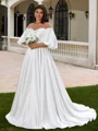 A-line Scoop 1/2 Sleeves Pleated Sweep Train Satin Corset Plus Size Wedding Dress