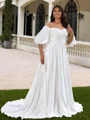 A-line Scoop 1/2 Sleeves Pleated Sweep Train Satin Corset Plus Size Wedding Dress