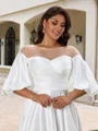 A-line Scoop 1/2 Sleeves Pleated Sweep Train Satin Corset Plus Size Wedding Dress