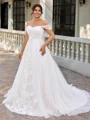 A-line Off-the-Shoulder Appliques Lace Court Train Tulle Corset Plus Size Wedding Dress