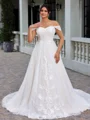 A-line Off-the-Shoulder Appliques Lace Court Train Tulle Corset Plus Size Wedding Dress