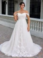 A-line Off-the-Shoulder Appliques Lace Court Train Tulle Corset Plus Size Wedding Dress