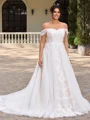 A-line Off-the-Shoulder Appliques Lace Court Train Tulle Corset Plus Size Wedding Dress