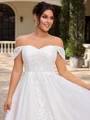 A-line Off-the-Shoulder Appliques Lace Court Train Tulle Corset Plus Size Wedding Dress