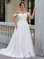 A-line Off-the-Shoulder Appliques Lace Sweep Train Tulle Corset Plus Size Wedding Dress