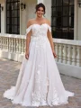 A-line Off-the-Shoulder Appliques Lace Sweep Train Tulle Corset Plus Size Wedding Dress