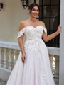 A-line Off-the-Shoulder Appliques Lace Sweep Train Tulle Corset Plus Size Wedding Dress