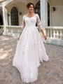 A-line V-neck 3/4 Sleeves Appliques Lace Sweep Train Tulle Corset Plus Size Wedding Dress
