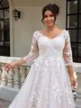 A-line V-neck 3/4 Sleeves Appliques Lace Sweep Train Tulle Corset Plus Size Wedding Dress
