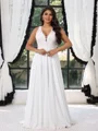 A-line V-neck Appliques Lace Floor-Length Chiffon Corset Plus Size Wedding Dress