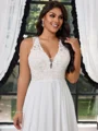 A-line V-neck Appliques Lace Floor-Length Chiffon Corset Plus Size Wedding Dress