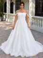 A-line Off-the-Shoulder Appliques Lace Court Train Tulle Corset Plus Size Wedding Dress