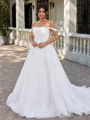 A-line Off-the-Shoulder Appliques Lace Court Train Tulle Corset Plus Size Wedding Dress