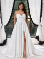 A-line Sweetheart Pleated Sweep Train Satin Corset Plus Size Wedding Dress