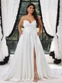 A-line Sweetheart Pleated Sweep Train Satin Corset Plus Size Wedding Dress
