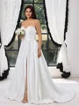 A-line Sweetheart Pleated Sweep Train Satin Corset Plus Size Wedding Dress