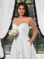 A-line Sweetheart Pleated Sweep Train Satin Corset Plus Size Wedding Dress