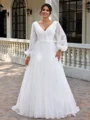 A-line V-neck Long Sleeves Appliques Lace Sweep Train Tulle Corset Plus Size Wedding Dress