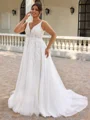 A-line V-neck Appliques Lace Court Train Tulle Plus Size Wedding Dress