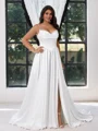 A-line Spaghetti Straps Pleated Sweep Train Charmeuse Corset Plus Size Wedding Dress