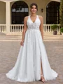 A-line V-neck Appliques Lace Court Train Tulle Corset Plus Size Wedding Dress