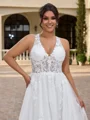 A-line V-neck Appliques Lace Court Train Tulle Corset Plus Size Wedding Dress