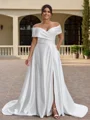 A-line Off-the-Shoulder Pleated Court Train Satin Corset Plus Size Wedding Dress