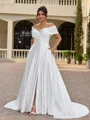 A-line Off-the-Shoulder Pleated Court Train Satin Corset Plus Size Wedding Dress