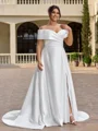 A-line Off-the-Shoulder Pleated Court Train Satin Corset Plus Size Wedding Dress