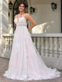 A-line Scoop Appliques Lace Court Train Tulle Corset Plus Size Wedding Dress