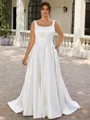 A-line Square Pleated Court Train Satin Plus Size Wedding Dress