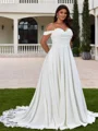 A-line Off-the-Shoulder Appliques Lace Chapel Train Stretch Crepe Plus Size Wedding Dress
