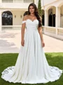 A-line Off-the-Shoulder Appliques Lace Chapel Train Stretch Crepe Plus Size Wedding Dress