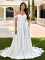 A-line Off-the-Shoulder Appliques Lace Chapel Train Stretch Crepe Plus Size Wedding Dress