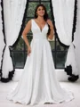 A-line V-neck Court Train Satin Plus Size Wedding Dress