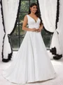 A-line V-neck Court Train Satin Plus Size Wedding Dress