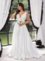 A-line V-neck Court Train Satin Plus Size Wedding Dress