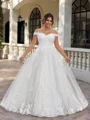 A-line Off-the-Shoulder Appliques Lace Sweep Train Tulle Corset Plus Size Wedding Dress