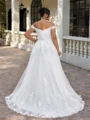 A-line Off-the-Shoulder Appliques Lace Sweep Train Tulle Corset Plus Size Wedding Dress