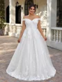 A-line Off-the-Shoulder Appliques Lace Sweep Train Tulle Corset Plus Size Wedding Dress