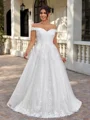 A-line Off-the-Shoulder Appliques Lace Sweep Train Tulle Corset Plus Size Wedding Dress