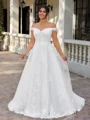 A-line Off-the-Shoulder Appliques Lace Sweep Train Tulle Corset Plus Size Wedding Dress
